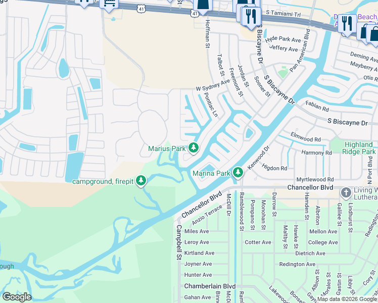 map of restaurants, bars, coffee shops, grocery stores, and more near 6821 Marius Road in North Port