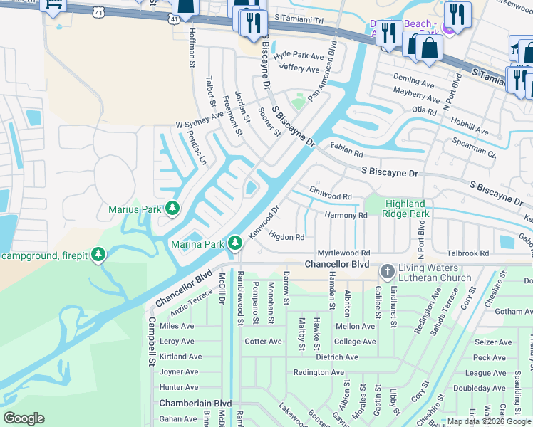 map of restaurants, bars, coffee shops, grocery stores, and more near 7146 Kenwood Drive in North Port