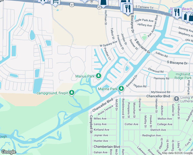 map of restaurants, bars, coffee shops, grocery stores, and more near 6821 Marius Road in North Port