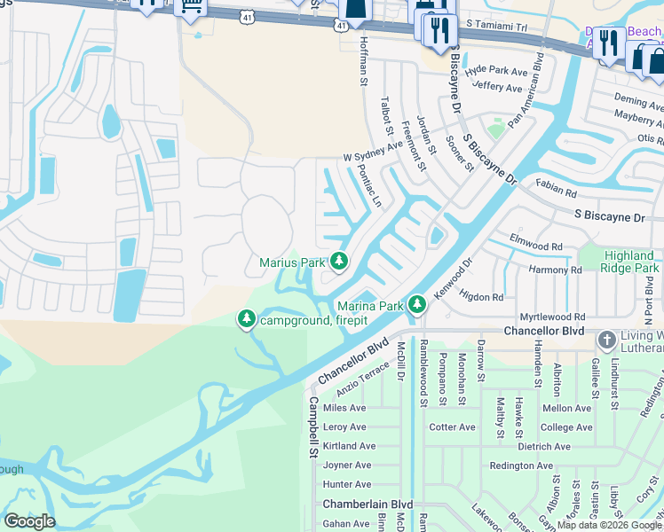 map of restaurants, bars, coffee shops, grocery stores, and more near 6821 Marius Road in North Port