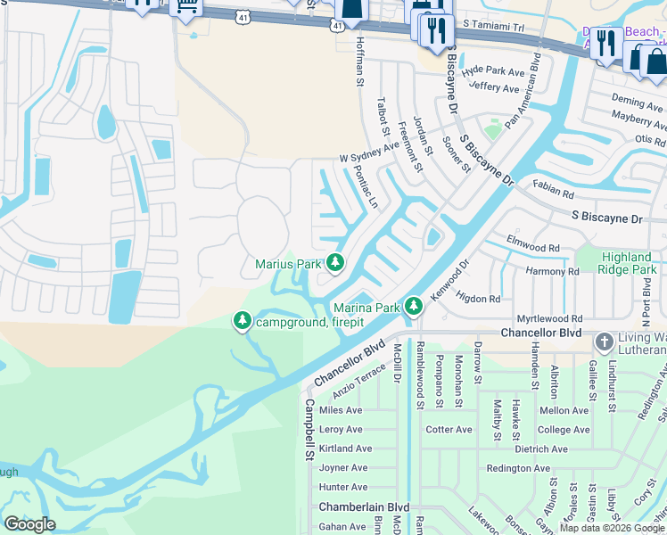map of restaurants, bars, coffee shops, grocery stores, and more near 6821 Marius Road in North Port