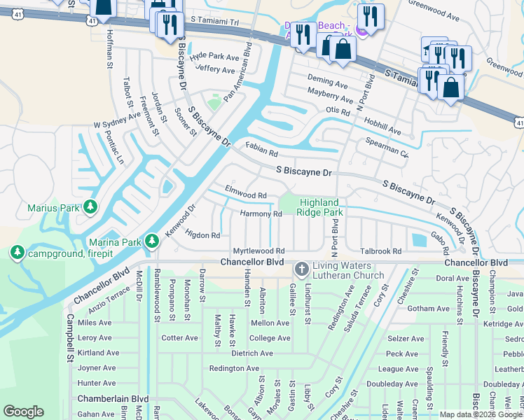 map of restaurants, bars, coffee shops, grocery stores, and more near 6550 Harmony Road in North Port