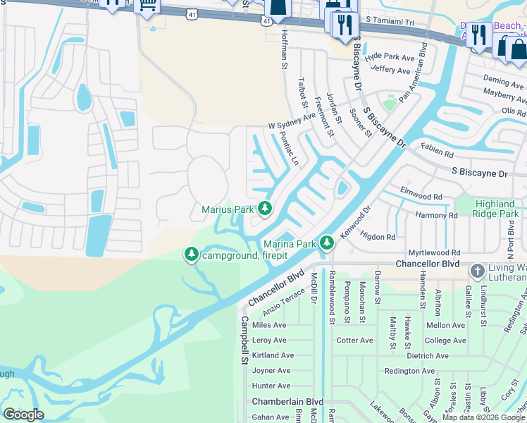 map of restaurants, bars, coffee shops, grocery stores, and more near 6821 Marius Road in North Port
