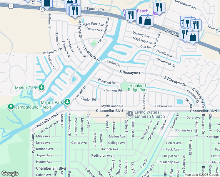 map of restaurants, bars, coffee shops, grocery stores, and more near 6550 Harmony Road in North Port