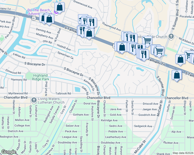 map of restaurants, bars, coffee shops, grocery stores, and more near 6820 Pleasant Court in North Port