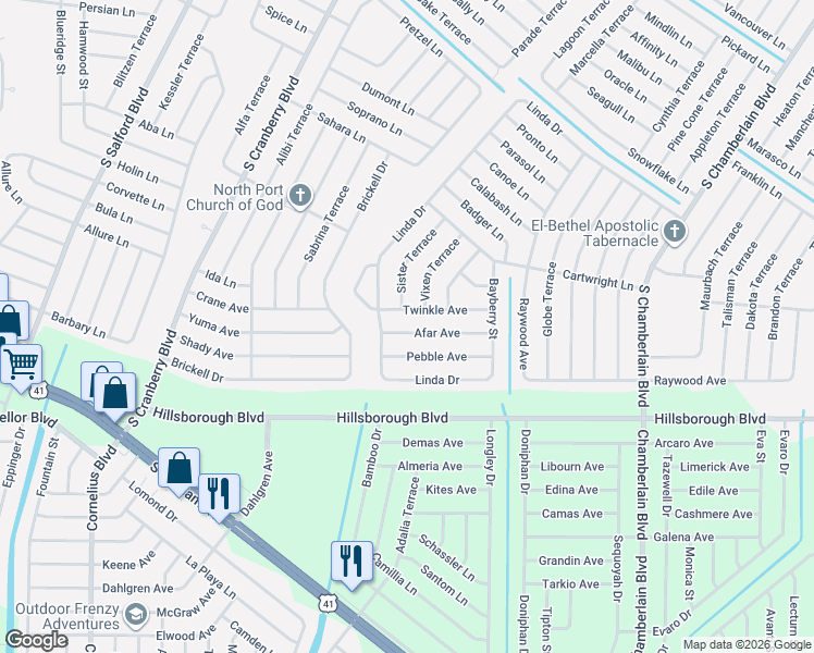 map of restaurants, bars, coffee shops, grocery stores, and more near 2912 Afar Avenue in North Port