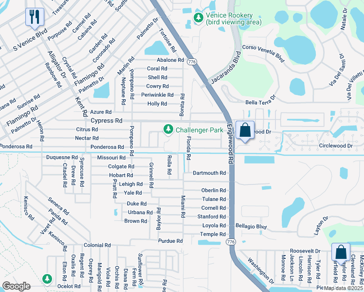 map of restaurants, bars, coffee shops, grocery stores, and more near 5095 Olivia Road in Venice