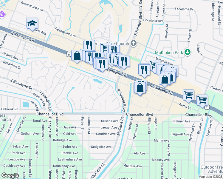 map of restaurants, bars, coffee shops, grocery stores, and more near 5231 Palena Boulevard in North Port