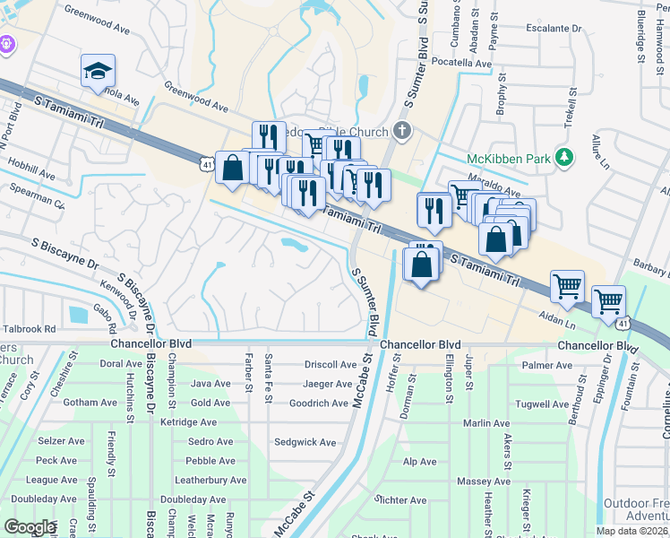 map of restaurants, bars, coffee shops, grocery stores, and more near 5231 Palena Boulevard in North Port