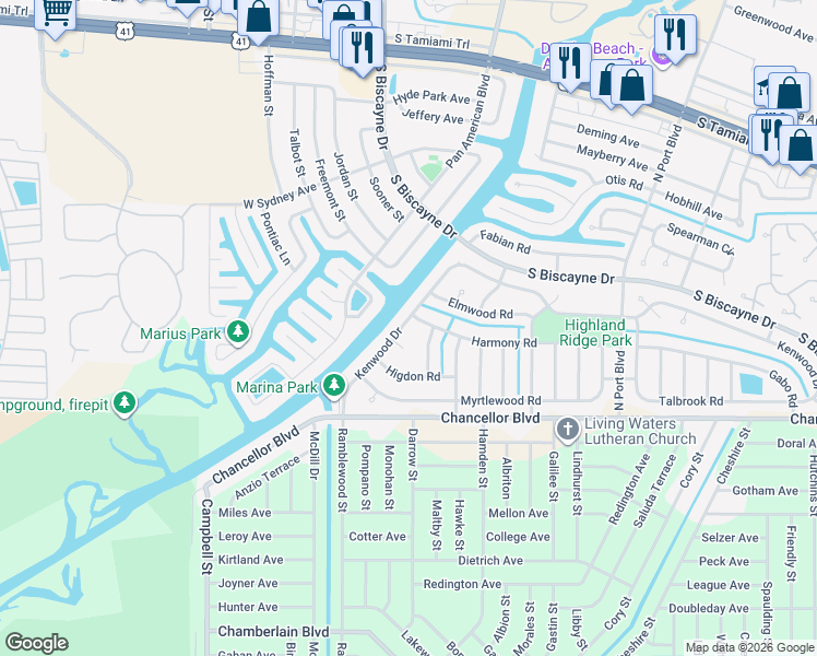 map of restaurants, bars, coffee shops, grocery stores, and more near 7055 Kenwood Drive in North Port