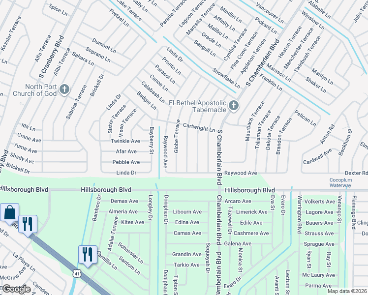 map of restaurants, bars, coffee shops, grocery stores, and more near 5225 Redwood Terrace in North Port