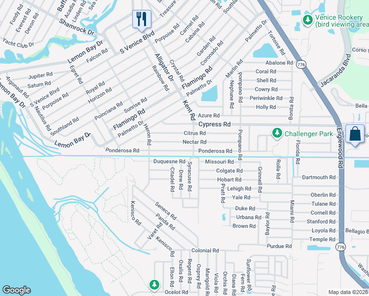 map of restaurants, bars, coffee shops, grocery stores, and more near 854 Ponderosa Road in Venice