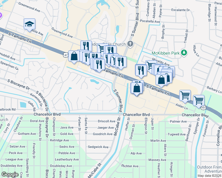 map of restaurants, bars, coffee shops, grocery stores, and more near 5231 Palena Boulevard in North Port