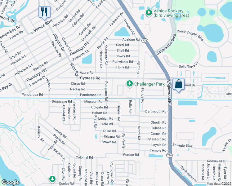 map of restaurants, bars, coffee shops, grocery stores, and more near 5090 Olivia Road in Venice