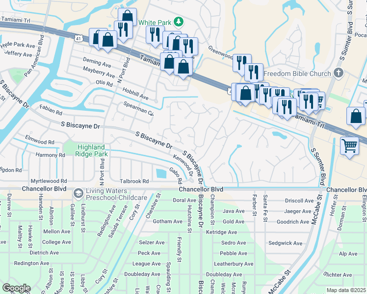 map of restaurants, bars, coffee shops, grocery stores, and more near 6766 Moonlight Court in North Port