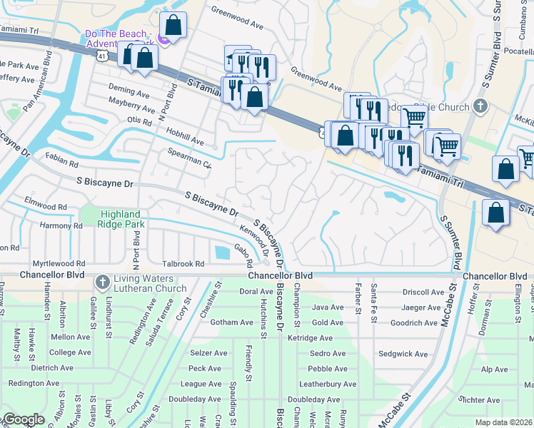 map of restaurants, bars, coffee shops, grocery stores, and more near 6820 Pleasant Court in North Port