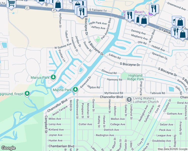map of restaurants, bars, coffee shops, grocery stores, and more near 6855 Harmony Road in North Port