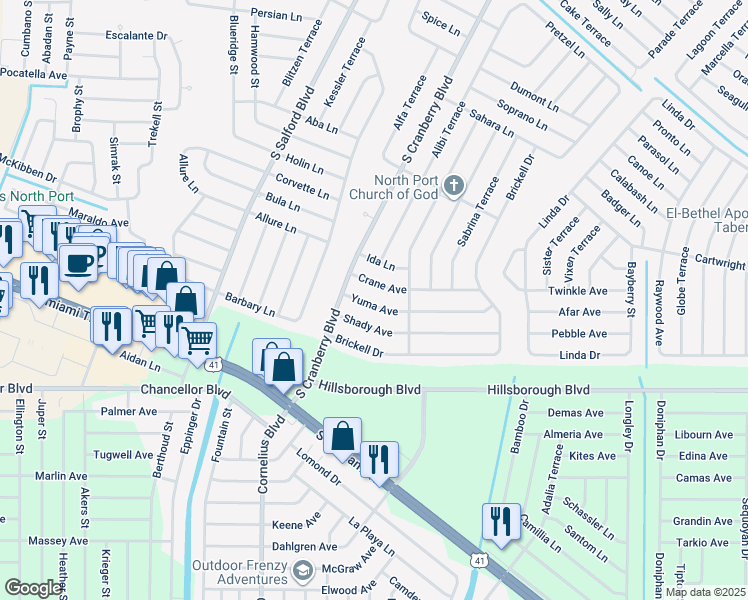 map of restaurants, bars, coffee shops, grocery stores, and more near 2918 Yuma Avenue in North Port