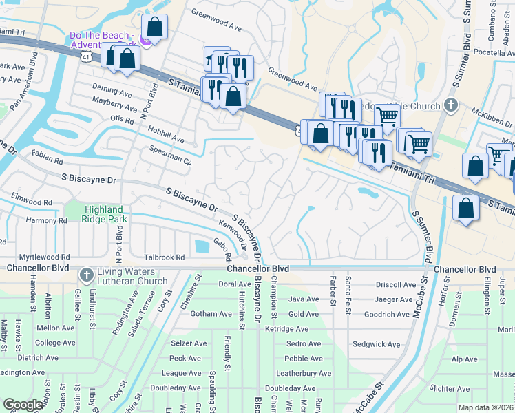 map of restaurants, bars, coffee shops, grocery stores, and more near 6820 Pleasant Court in North Port