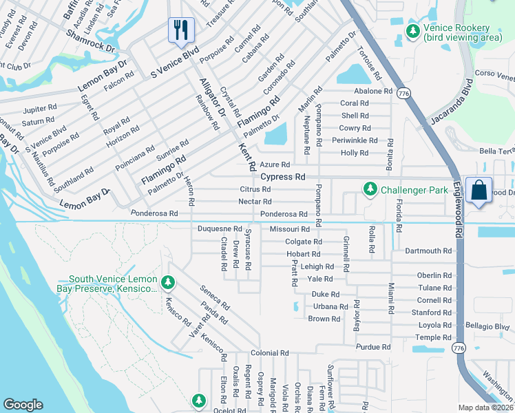map of restaurants, bars, coffee shops, grocery stores, and more near 780 Ponderosa Road in Venice