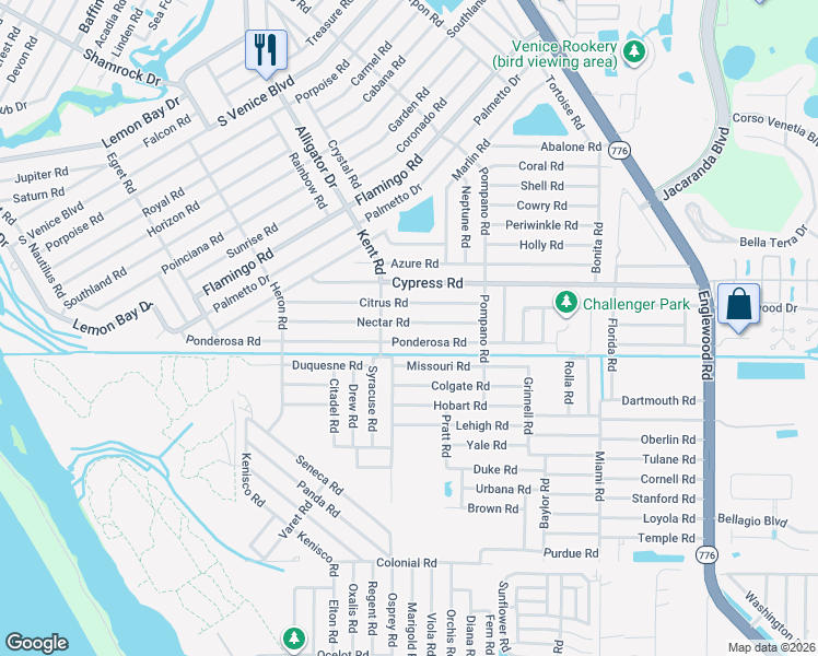 map of restaurants, bars, coffee shops, grocery stores, and more near 780 Ponderosa Road in Venice