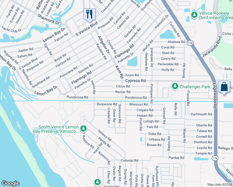 map of restaurants, bars, coffee shops, grocery stores, and more near 854 Ponderosa Road in Venice