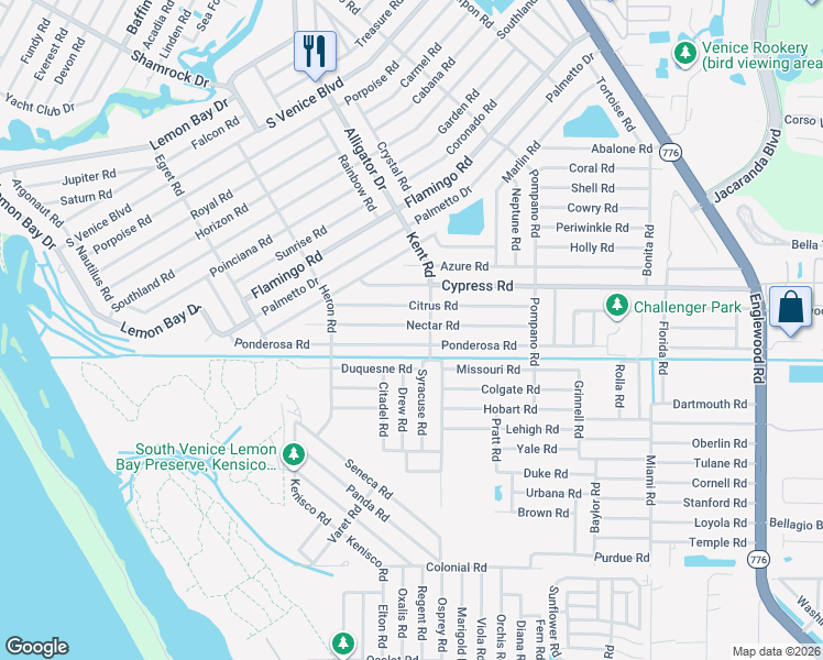 map of restaurants, bars, coffee shops, grocery stores, and more near 854 Ponderosa Road in Venice