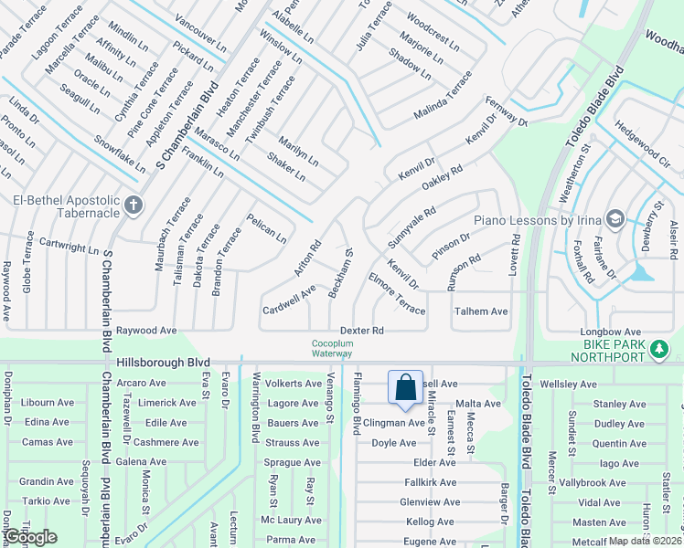 map of restaurants, bars, coffee shops, grocery stores, and more near 5001 Beckham Street in North Port