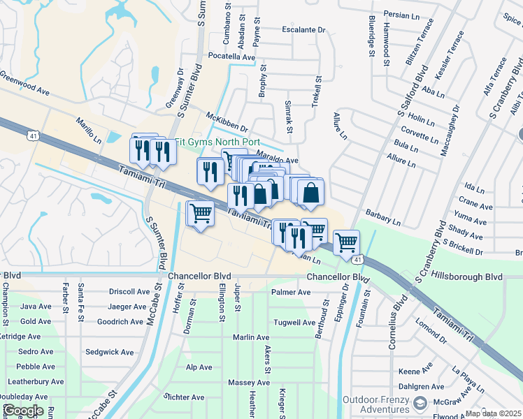map of restaurants, bars, coffee shops, grocery stores, and more near 17775 Tamiami Trail in Port Charlotte