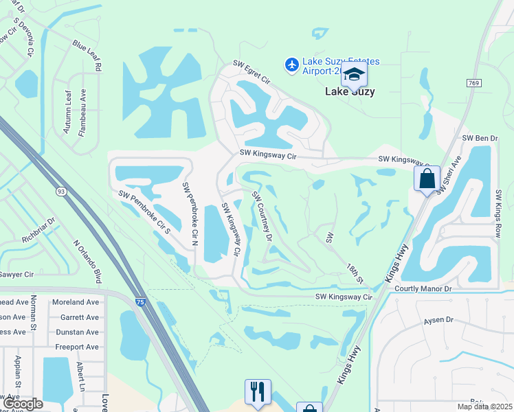 map of restaurants, bars, coffee shops, grocery stores, and more near 11457 Southwest Courtney Drive in Lake Suzy
