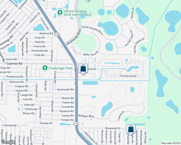 map of restaurants, bars, coffee shops, grocery stores, and more near 90 Circlewood Drive in Venice