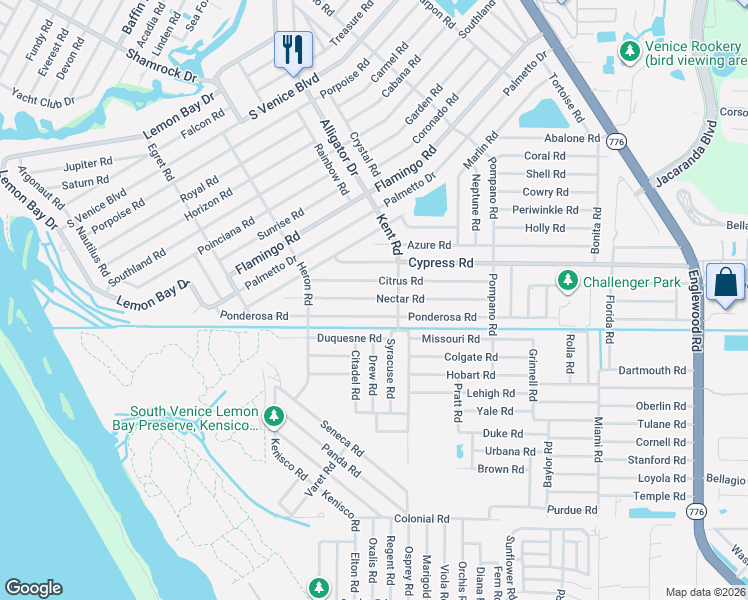 map of restaurants, bars, coffee shops, grocery stores, and more near 854 Ponderosa Road in Venice