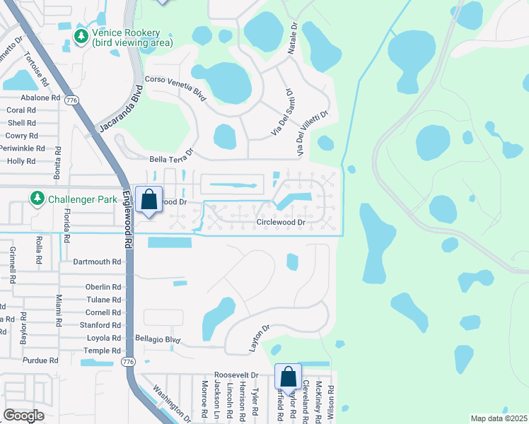 map of restaurants, bars, coffee shops, grocery stores, and more near 407 Circlewood Drive in Venice