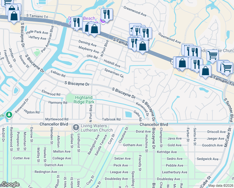 map of restaurants, bars, coffee shops, grocery stores, and more near 5667 Kenwood Drive in North Port