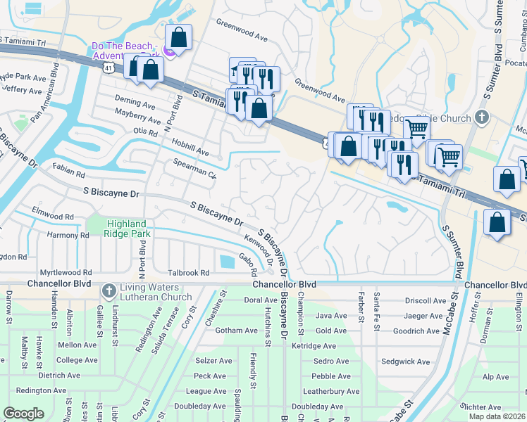 map of restaurants, bars, coffee shops, grocery stores, and more near 5696 Holiday Park Boulevard in North Port