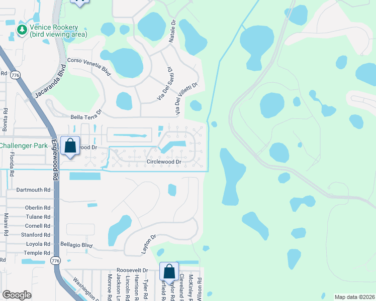 map of restaurants, bars, coffee shops, grocery stores, and more near 586 Circlewood Drive in Venice