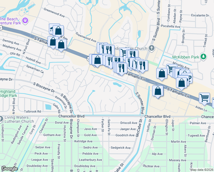 map of restaurants, bars, coffee shops, grocery stores, and more near 5283 Palena Boulevard in North Port