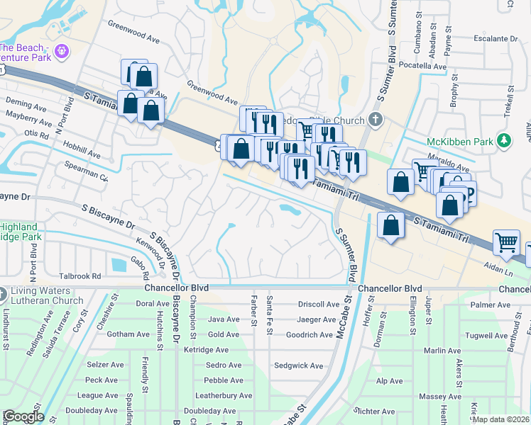 map of restaurants, bars, coffee shops, grocery stores, and more near 5283 Palena Boulevard in North Port