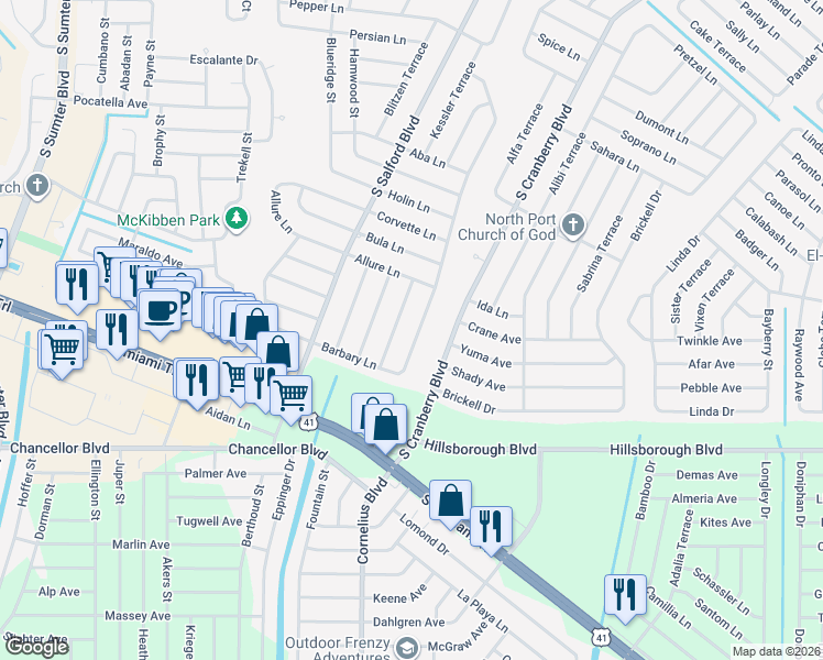 map of restaurants, bars, coffee shops, grocery stores, and more near 5515 Maccaughey Drive in North Port