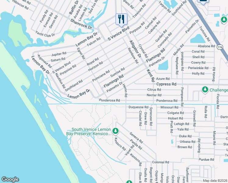 map of restaurants, bars, coffee shops, grocery stores, and more near 1141 Palmetto Drive in Venice