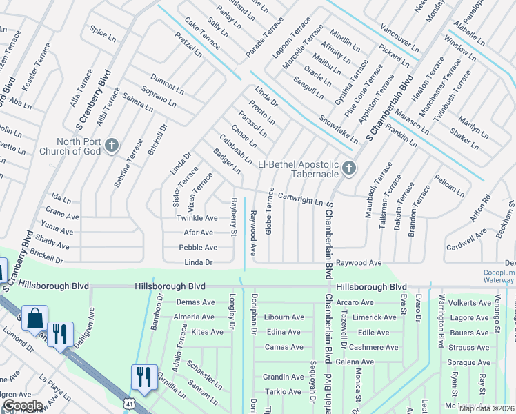 map of restaurants, bars, coffee shops, grocery stores, and more near 5045 Raywood Avenue in North Port