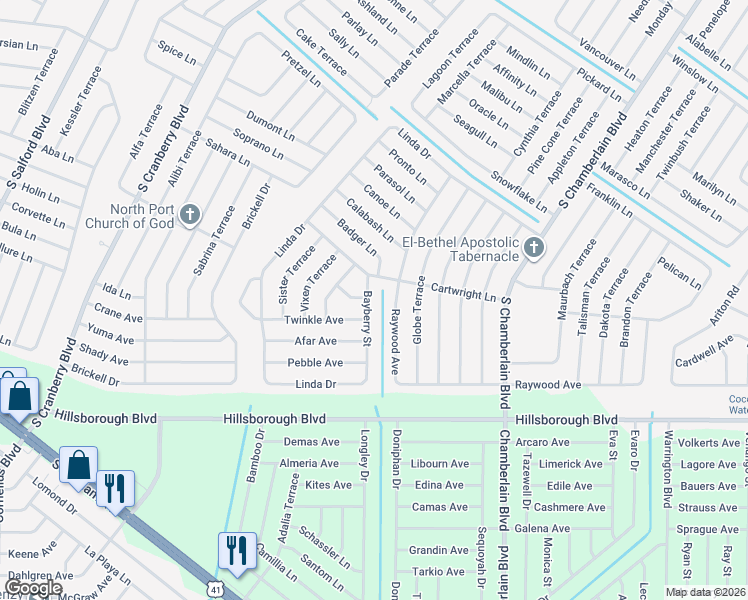 map of restaurants, bars, coffee shops, grocery stores, and more near 5106 Bayberry Street in North Port