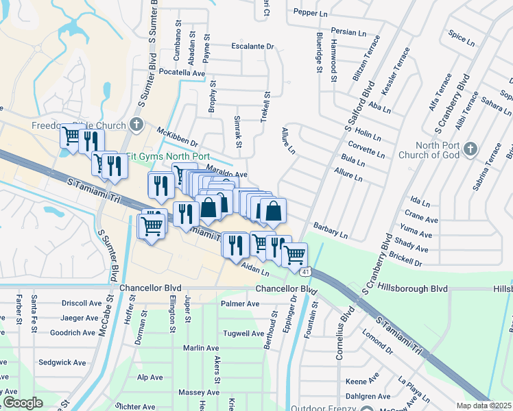 map of restaurants, bars, coffee shops, grocery stores, and more near 4311 Mongite Road in North Port
