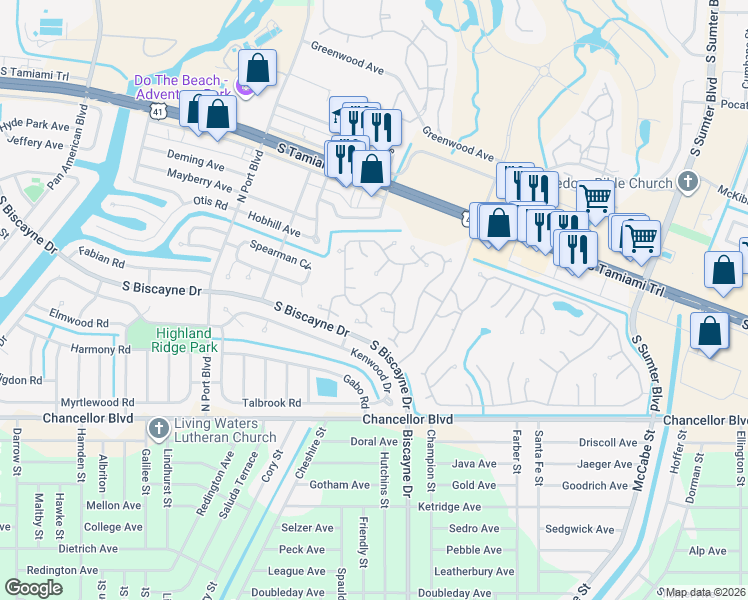 map of restaurants, bars, coffee shops, grocery stores, and more near 5696 Holiday Park Boulevard in North Port