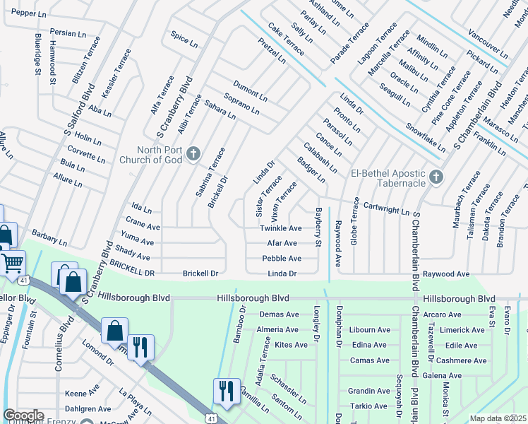 map of restaurants, bars, coffee shops, grocery stores, and more near 5390 Sister Terrace in North Port