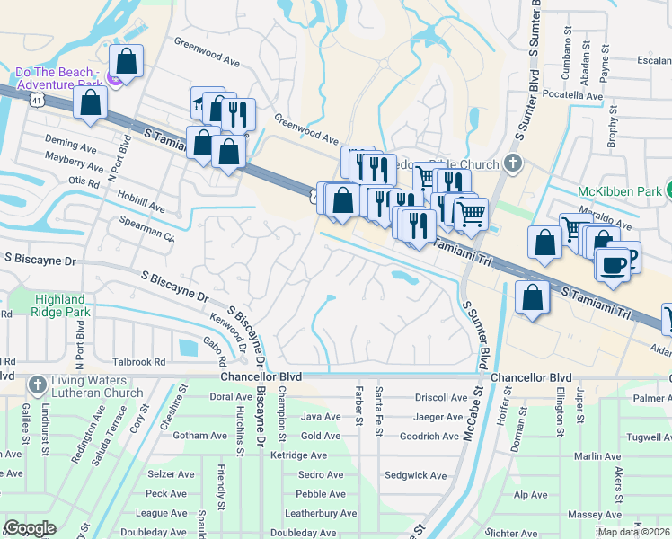 map of restaurants, bars, coffee shops, grocery stores, and more near 6383 Kilepa Court in North Port