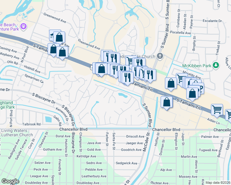 map of restaurants, bars, coffee shops, grocery stores, and more near 5283 Palena Boulevard in North Port