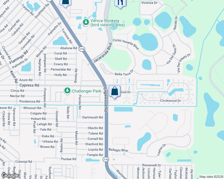 map of restaurants, bars, coffee shops, grocery stores, and more near 34 Pebble Rock Drive in Venice