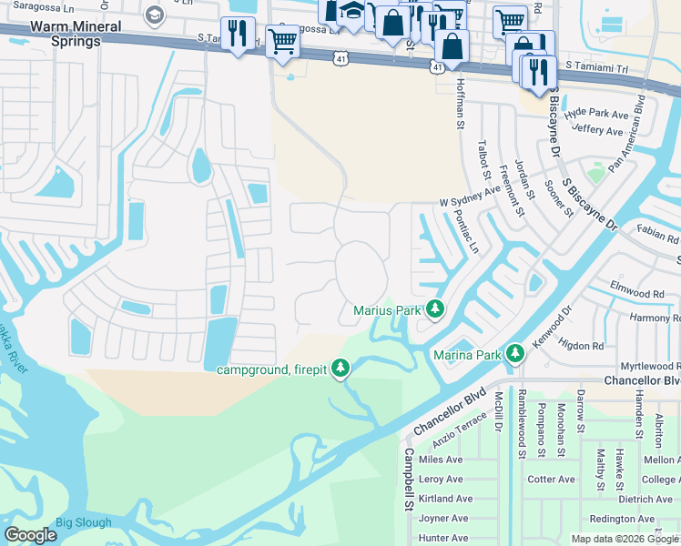 map of restaurants, bars, coffee shops, grocery stores, and more near 8601 Eagle Bay Court in North Port