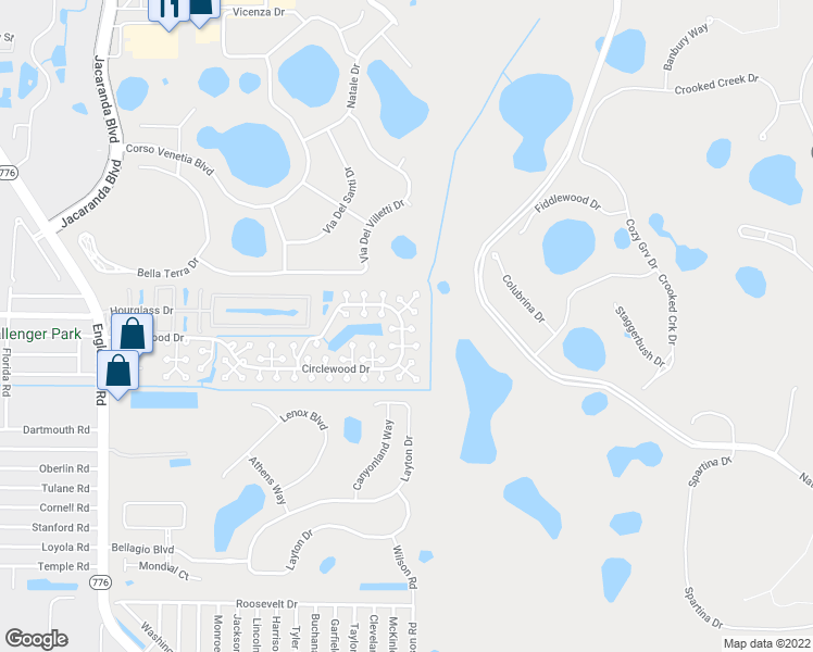 map of restaurants, bars, coffee shops, grocery stores, and more near 586 Circlewood Drive in Venice